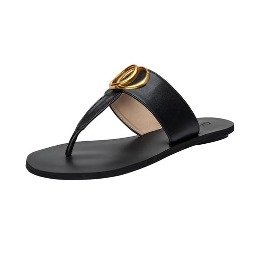 2025 New Four Seasons Flat Leather Flip-Flops Women's Classic Gc Home Clip Metal Buckle Large Size Beach Shoes